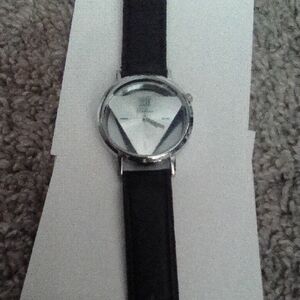 Black Leather Strap Watch with Silver Accents